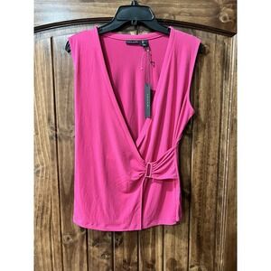 Tahari Women's Pink Sleeveless Faux  Wrap Front V-Neck Blouse Size Large NWT